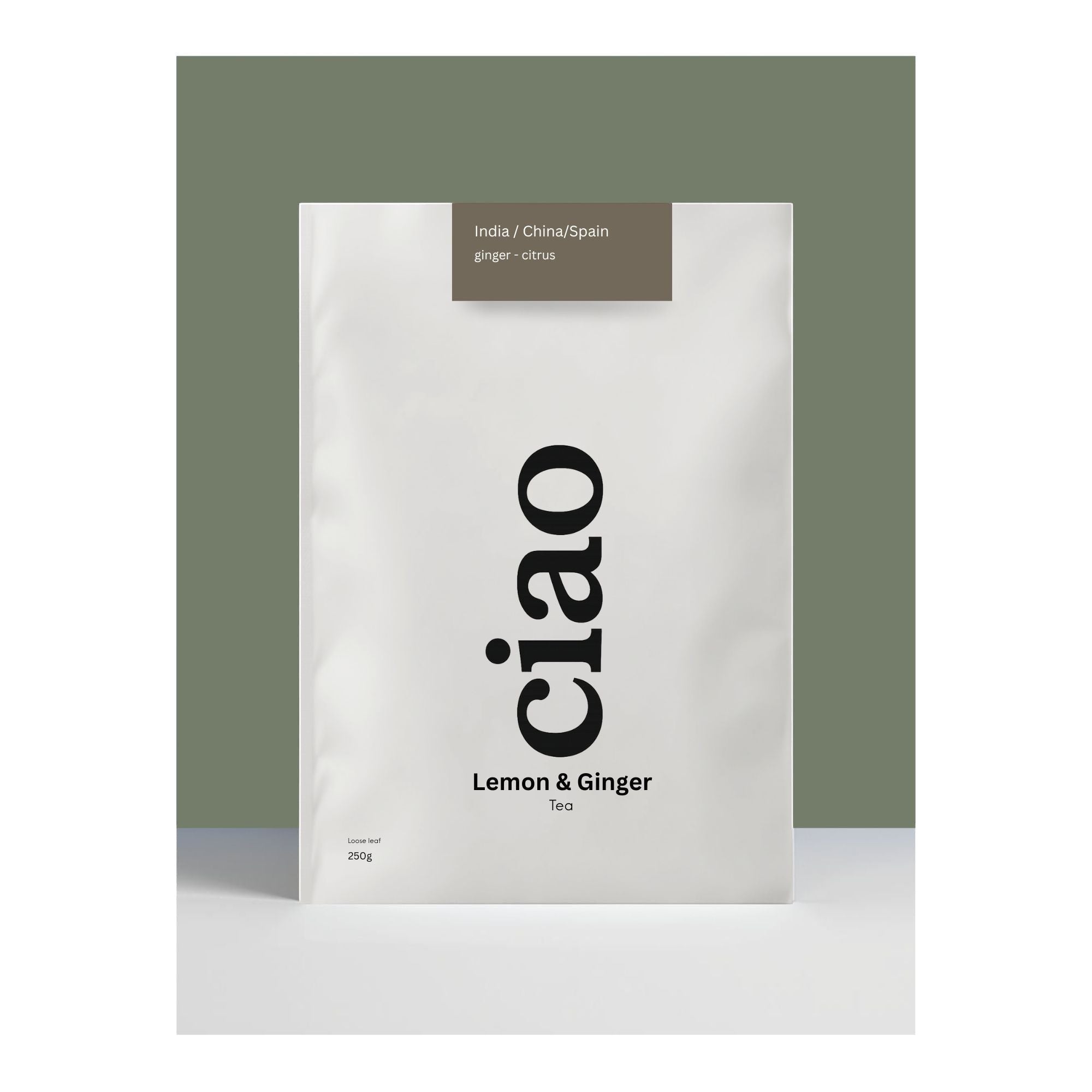 Say Ciao Coffee Lemon & Ginger loose leaf tea packaging, 250g. Features zesty citrus and warming ginger.