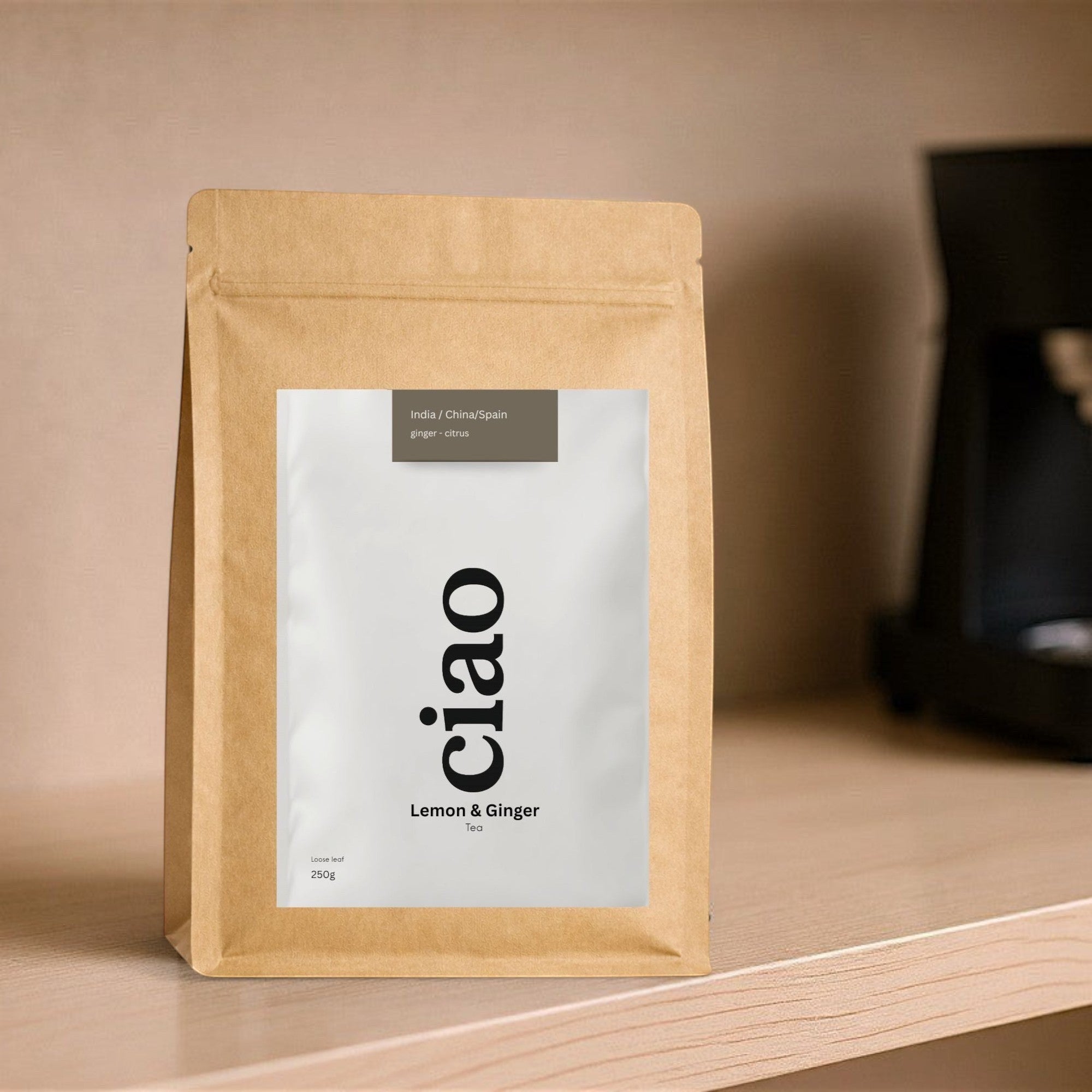 Say Ciao Coffee Lemon & Ginger loose leaf tea in a brown resealable pouch, 250g. Features a white label with black text.
