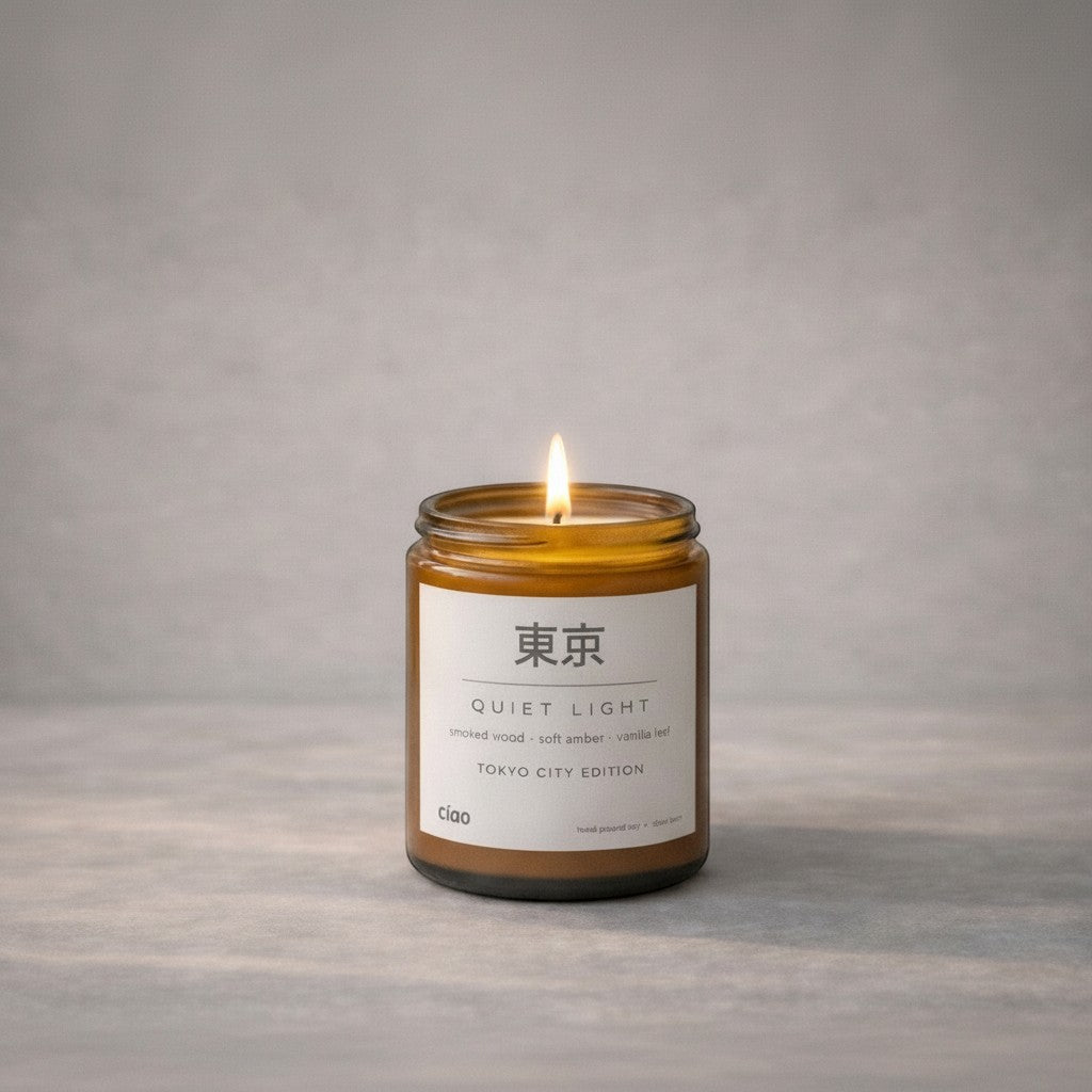 Say Ciao Coffee Tokyo City Edition Quiet Light candle in amber glass vessel with smoked wood, amber, and vanilla leaf scent.