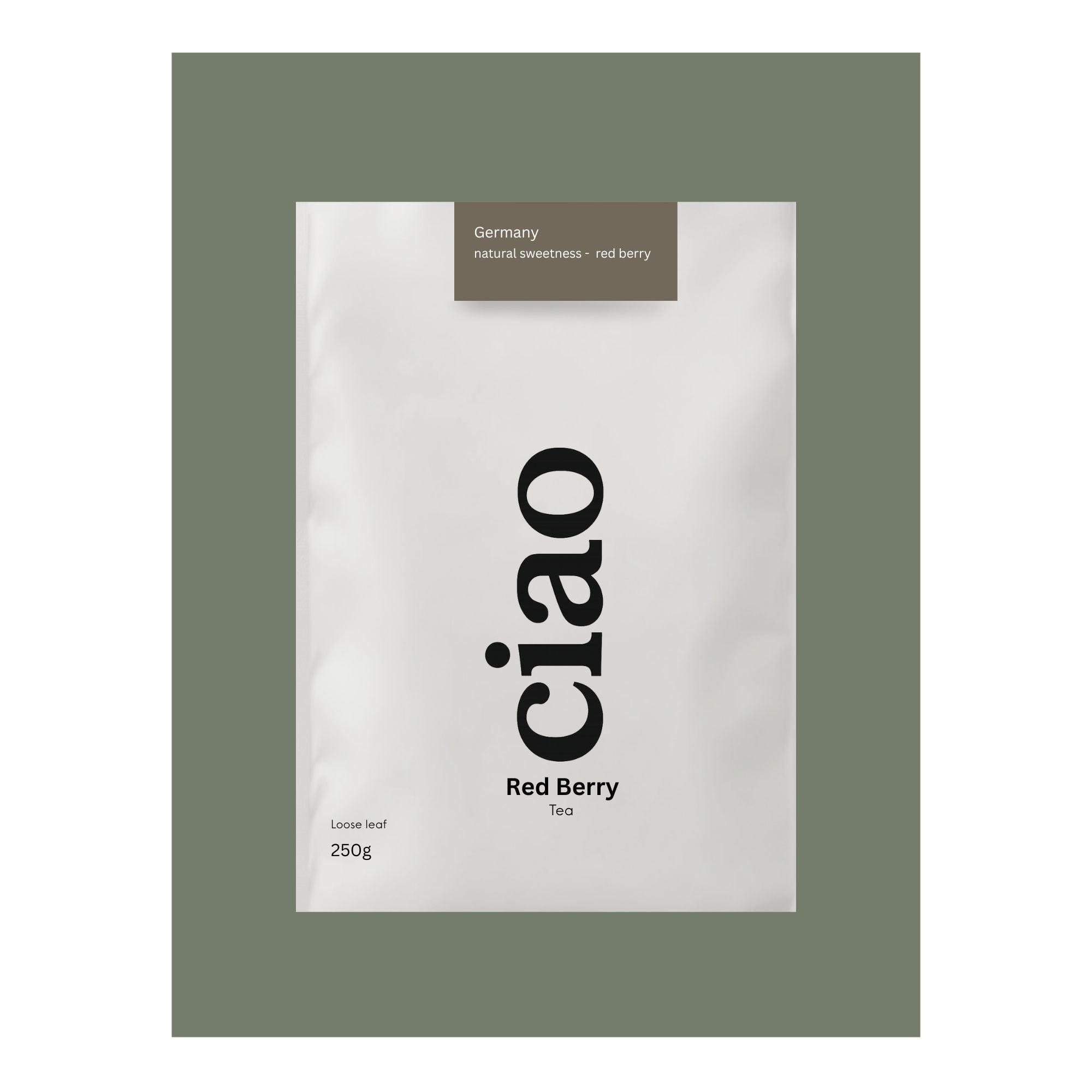 Say Ciao Coffee Red Berry loose leaf tea packaging, 250g. Features bold berry flavour, hibiscus, rosehip, and real berry pieces.
