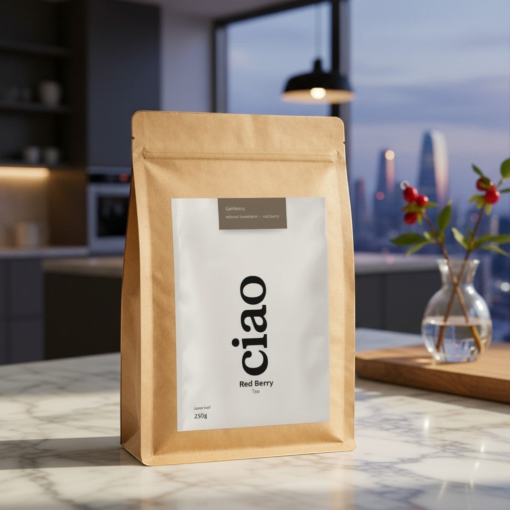 Say Ciao Coffee Red Berry loose leaf tea in a brown resealable pouch, 250g.