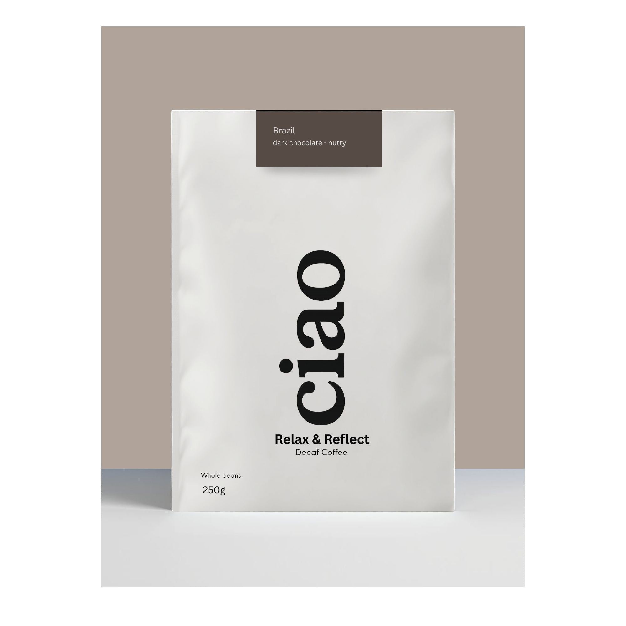 Say Ciao Coffee Relax & Reflect decaf coffee bag, whole beans, 250g, with notes of chocolate, hazelnut, and caramel.