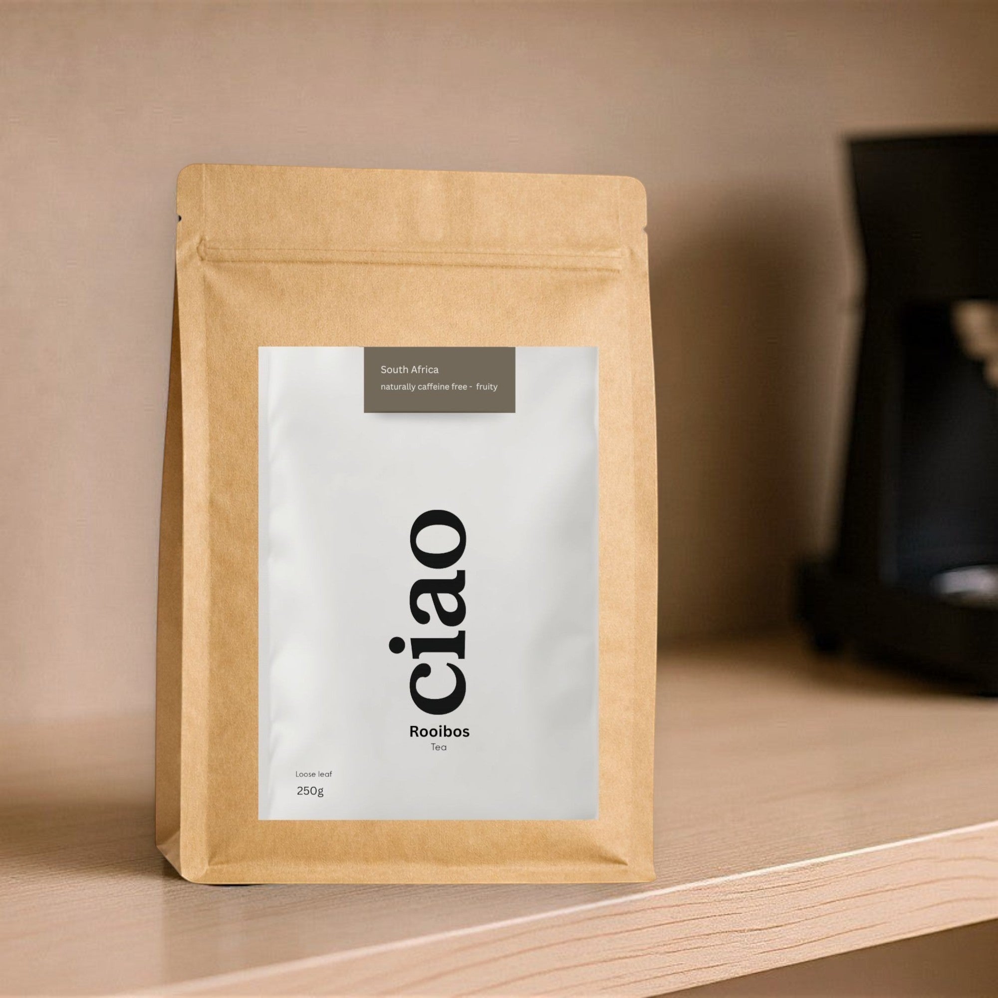 Say Ciao Coffee Rooibos loose leaf tea in a brown kraft paper bag, 250g, naturally caffeine-free.