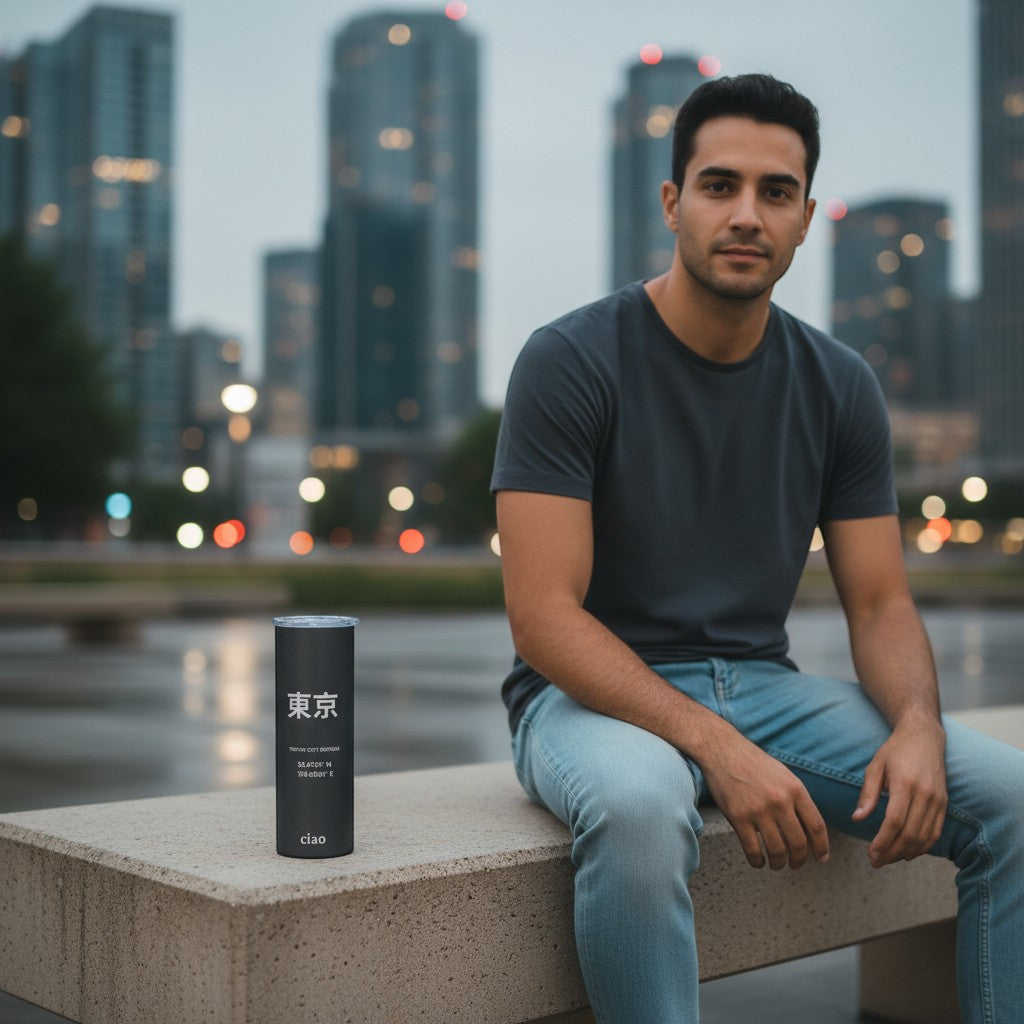 Say Ciao Coffee Tokyo Tall Travel Cup, gloss black stainless steel with kanji 東京, coordinates, and "ciao" text.