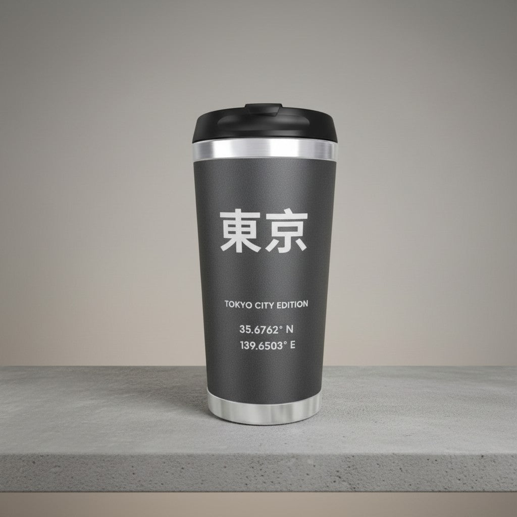 Say Ciao Coffee Tokyo travel mug, black, with white Tokyo kanji and coordinates. Double-wall insulated.