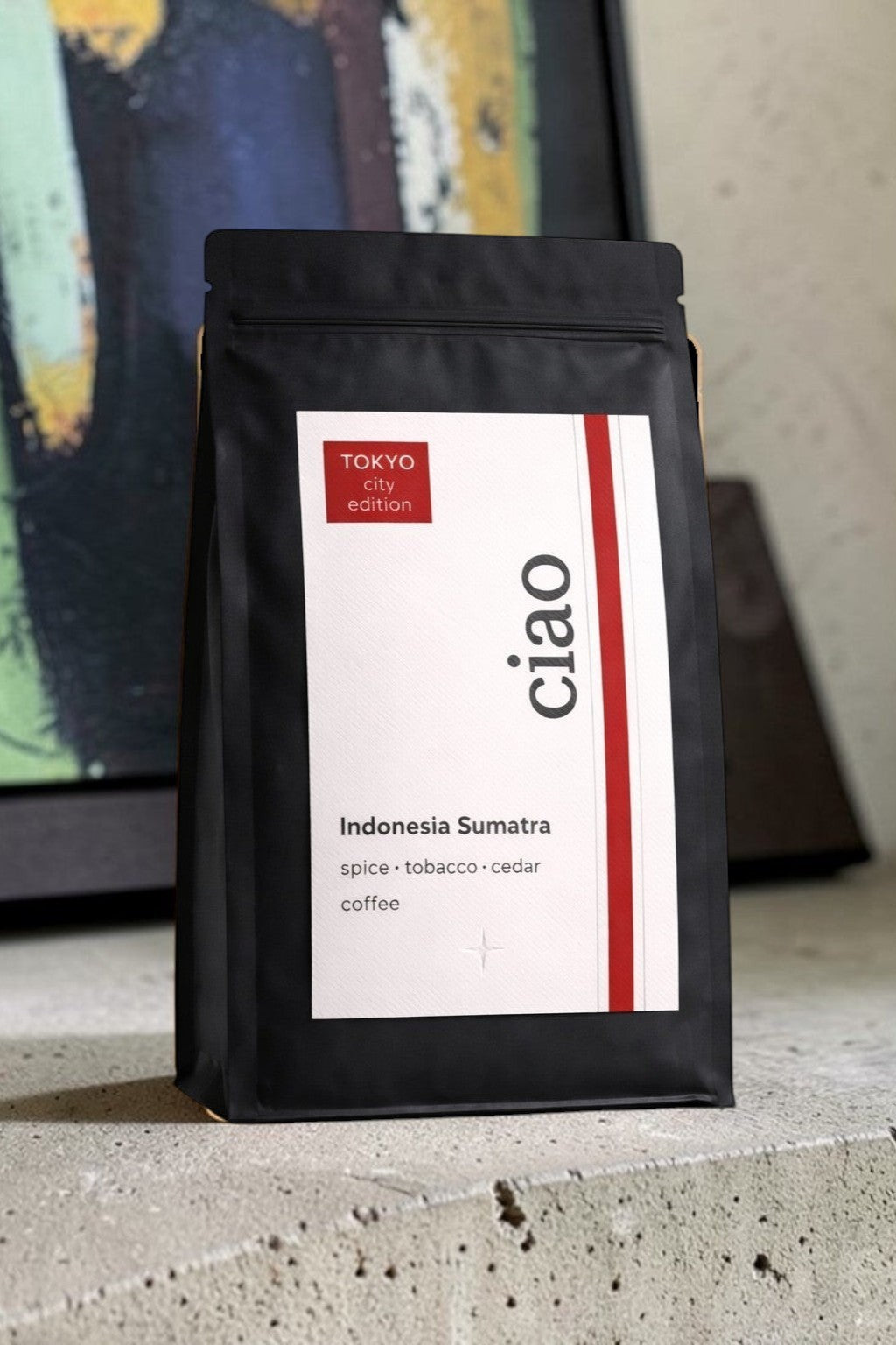 Say Ciao Coffee Tokyo Roast Indonesia Sumatra medium-dark roast coffee bag with notes of dark chocolate, cedar, and spice.