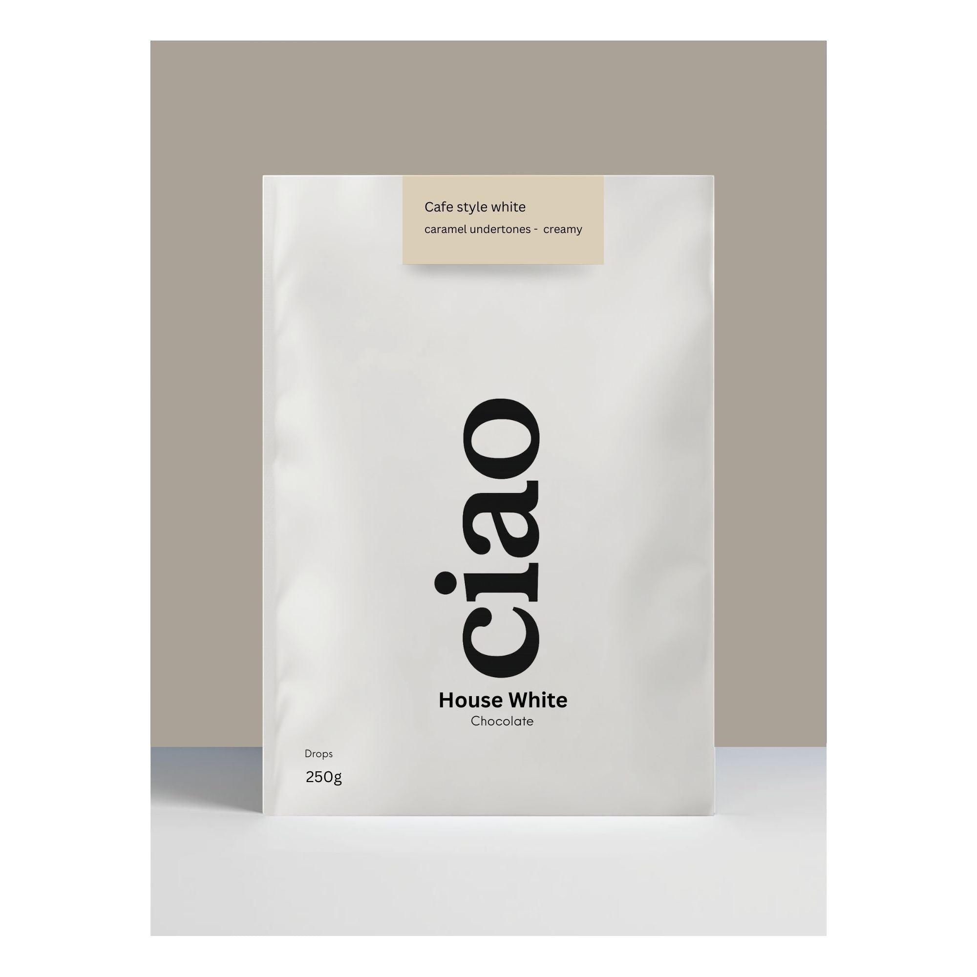 Say Ciao Coffee House White Chocolate drops with caramel undertones and creamy texture, 250g.