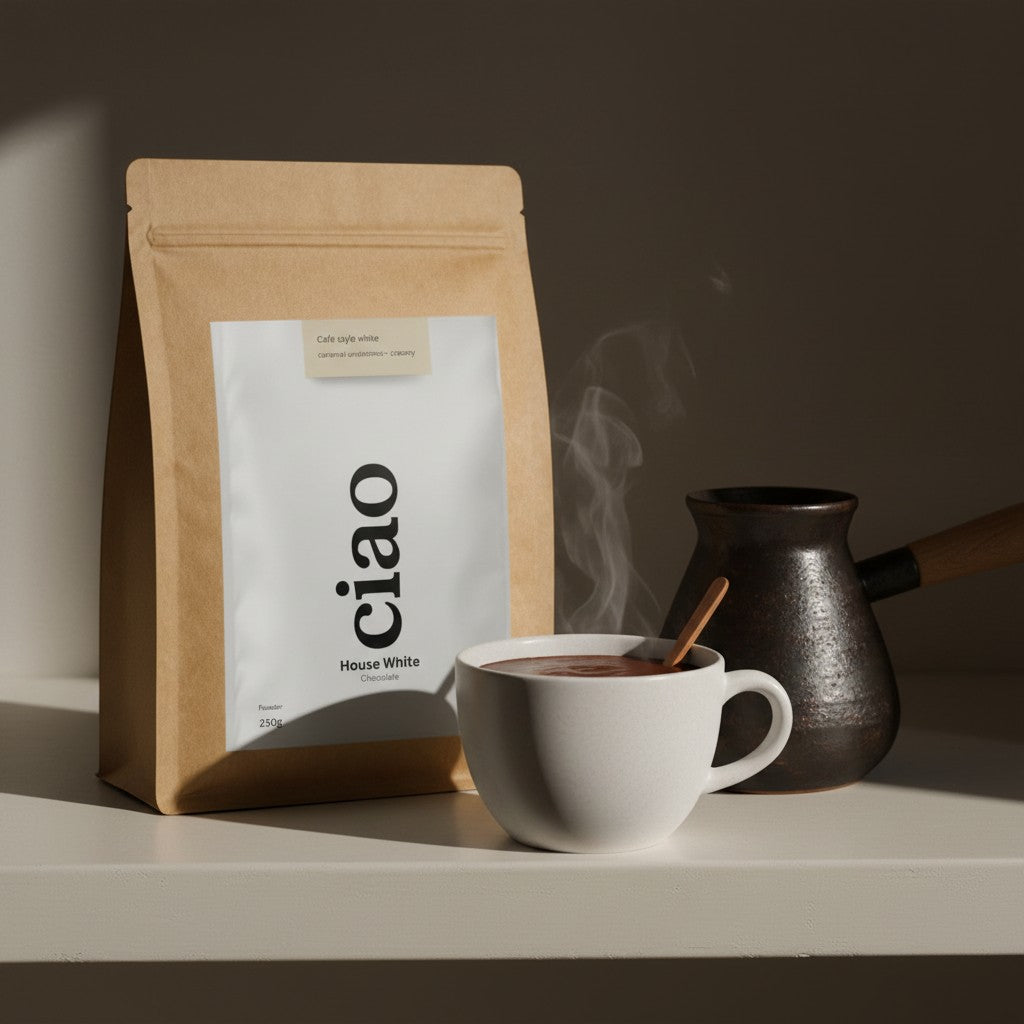 Say Ciao Coffee House White chocolate powder with caramel undertones and creamy texture, 250g bag.
