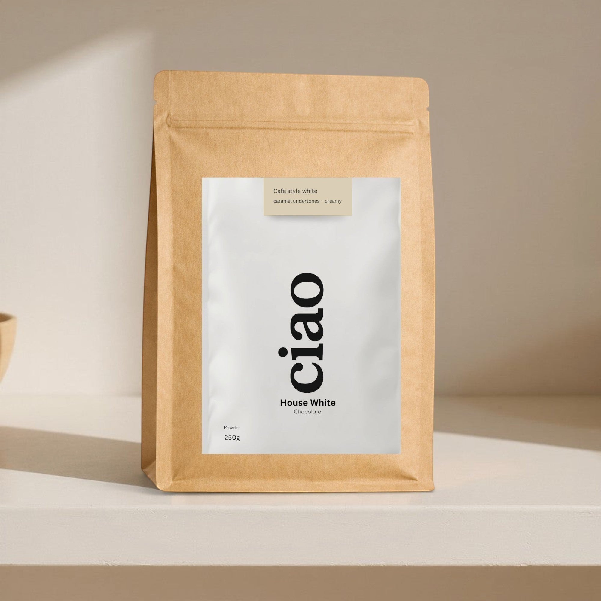 Say Ciao Coffee House White chocolate powder with caramel undertones and creamy texture, 250g bag.