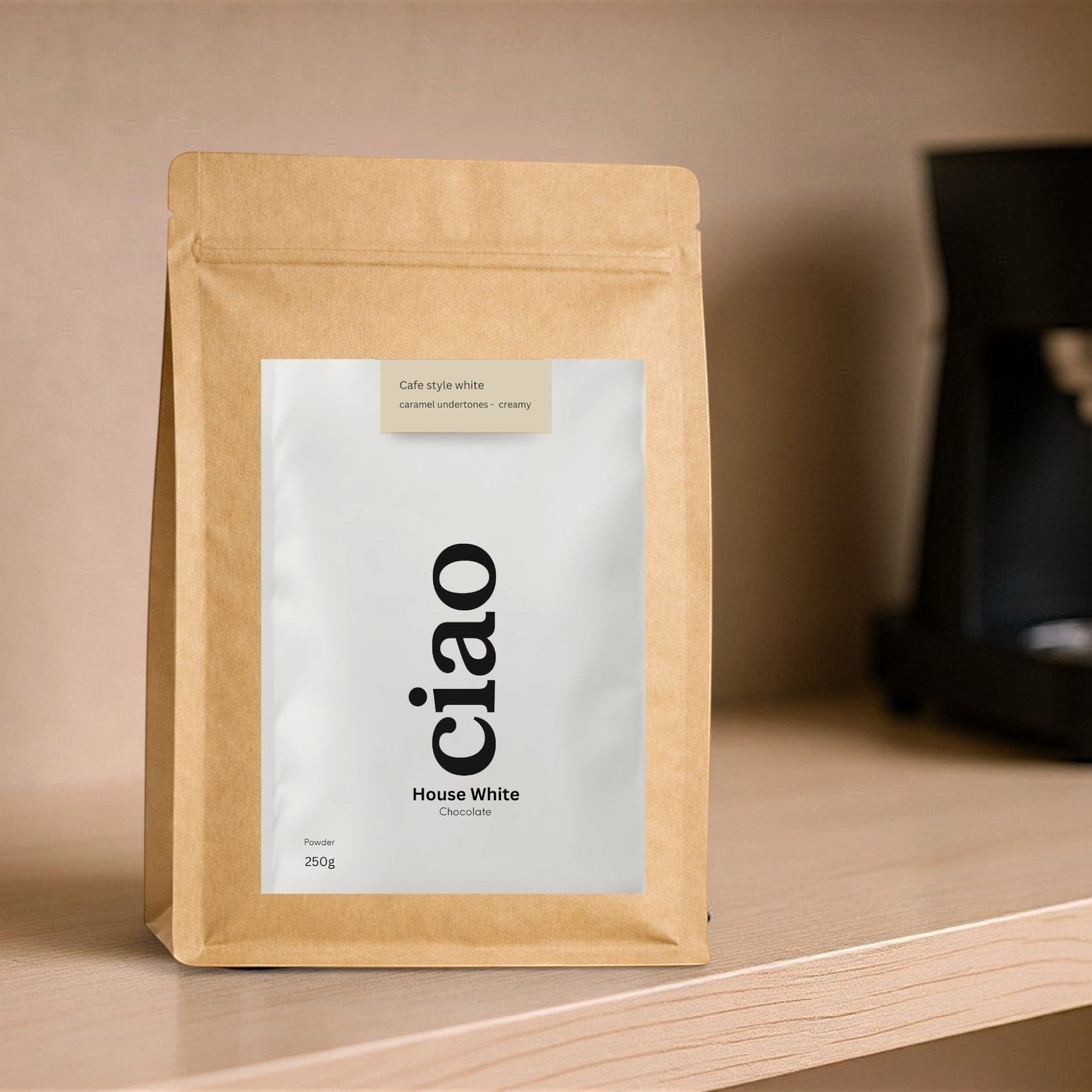 Say Ciao Coffee House White Chocolate powder, creamy with sweet cream and vanilla notes.