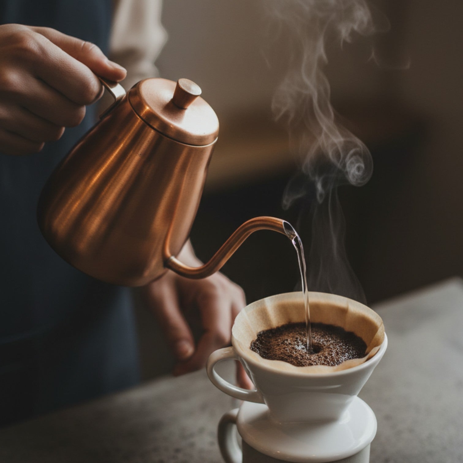 Say Ciao Coffee Tokyo Edition white plastic Hario V60 dripper brewing coffee with a copper gooseneck kettle.