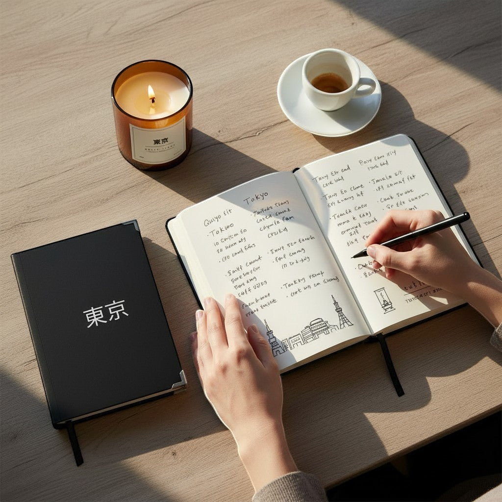 Tokyo Quiet Light — Desk scene with writing and lit candle