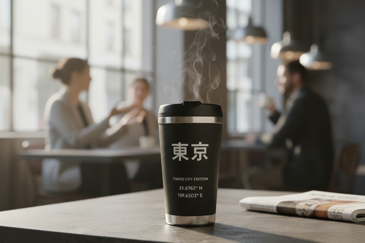 Tokyo travel mug — lifestyle closer