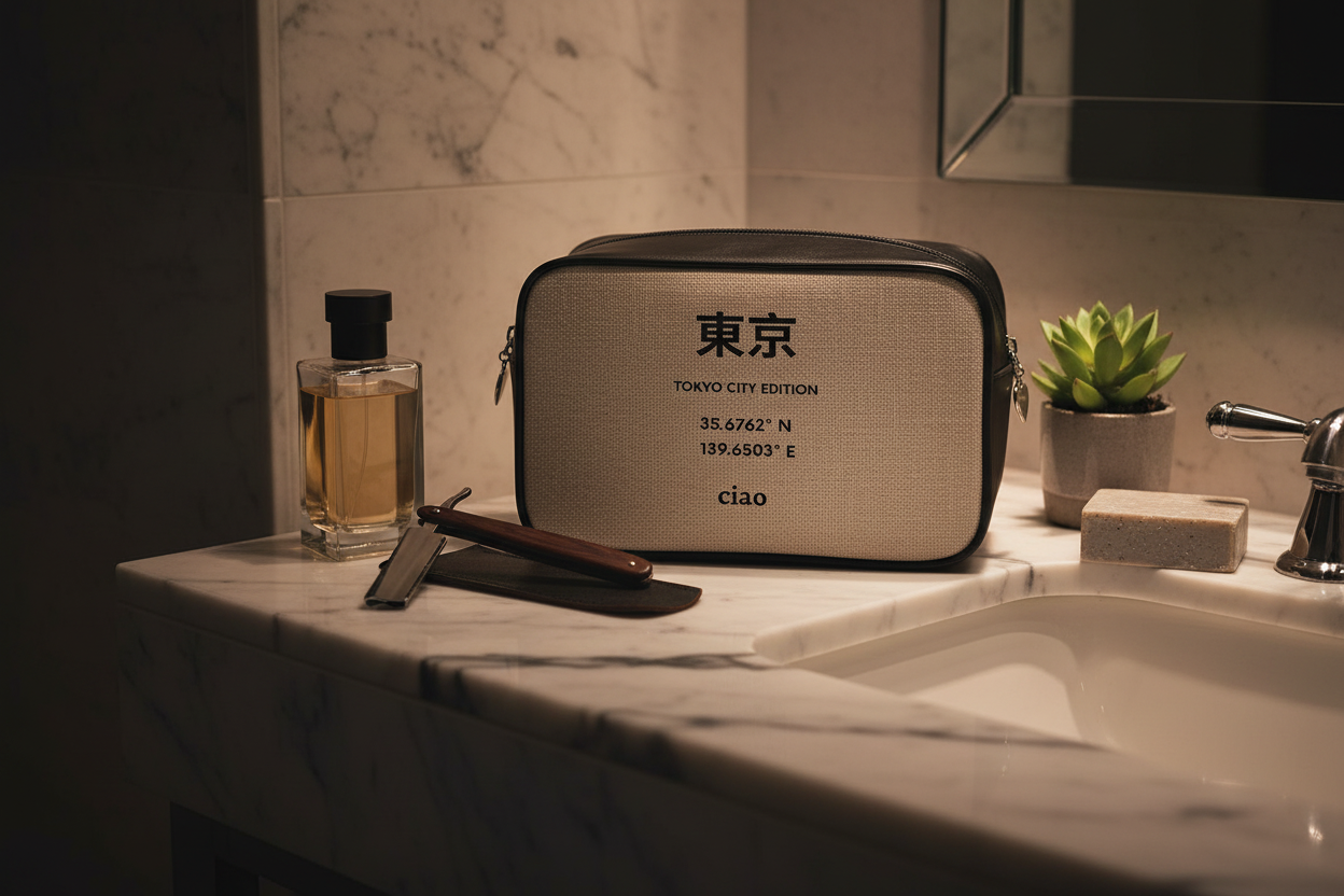 Tokyo Wash Bag — marble bathroom sink, atmospheric close up