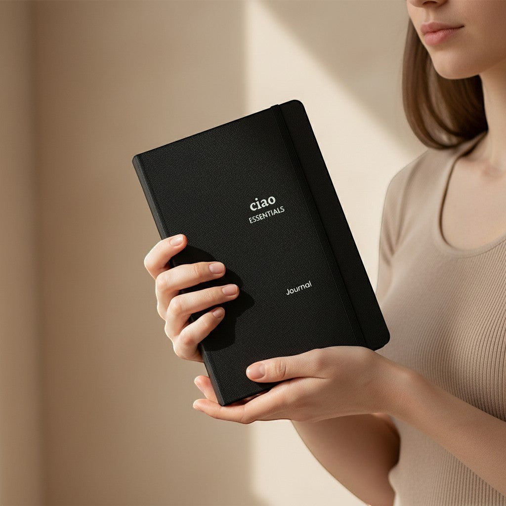 Woman holding black journal